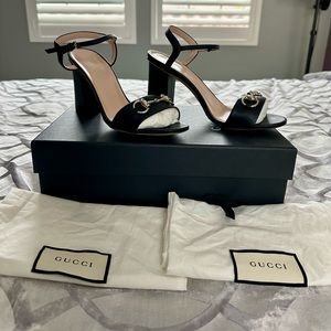Gucci Black Leather Horsebit Ankle Strap Open Toe Block Heel Sandals Size 7 1/2